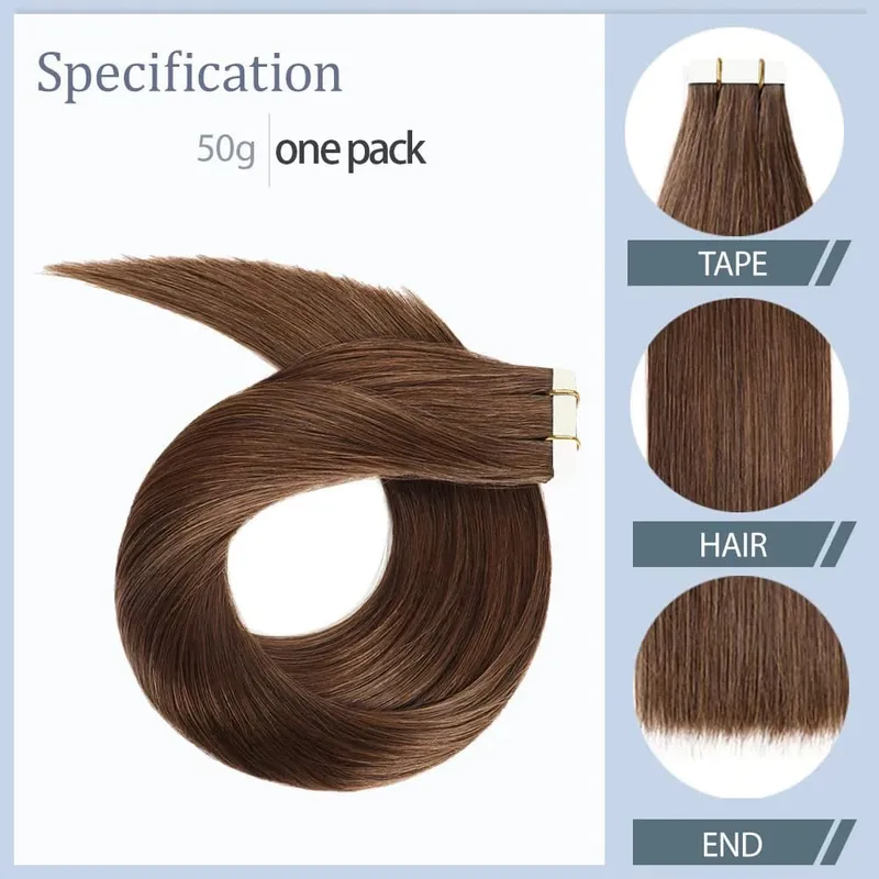#4 Brown Tape in Hair Extensions Human Hair 50g Human Hair Tape in Extensions 20Pcs Dark Brown Tape Ins Seamless Chocolate Brown — image 3