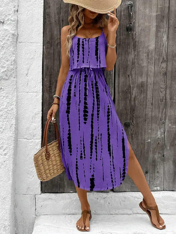 Pambabaeng Summer Spaghetti Strap Dress na may Belt at Side Slit - Casual Sleeveless Flowy Dress — image 18
