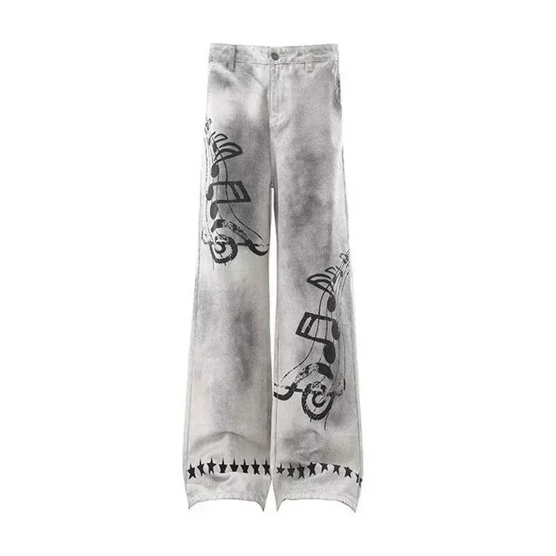2026 New Retro Graffiti Printed White Baggy Jeans For Men High Street Straight Wide Leg Denim Pants Hip Hop Graphic Y2K Jean