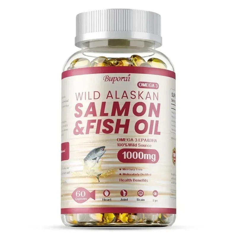 Óleo de peixe salmão - rico em EPA + DHA apoia a saúde das articulações, do cérebro e dos olhos, melhora a função imunológica e é antioxidante