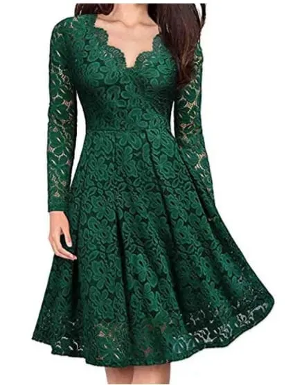 Women Lace A-Line Dress Spring Autumn V Neck Long Sleeve Lace Crochet Patchwork WineRed Slim Party Dresses JYFS-JY8858 — image 6