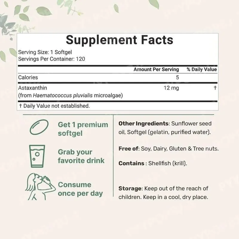 Astaxanthin 12mg with Fresh Microalgae Source Daily Nutritional Support Antioxidant Supplement 120 Softgels — image 5