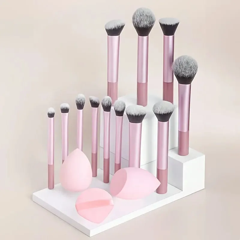 15pcs Makeup Brush Set Including 12pcs Multi-Functional Ultra-Soft Makeup Brushes And 1pc Angled Tear Drop-Shaped Beauty Sponge
