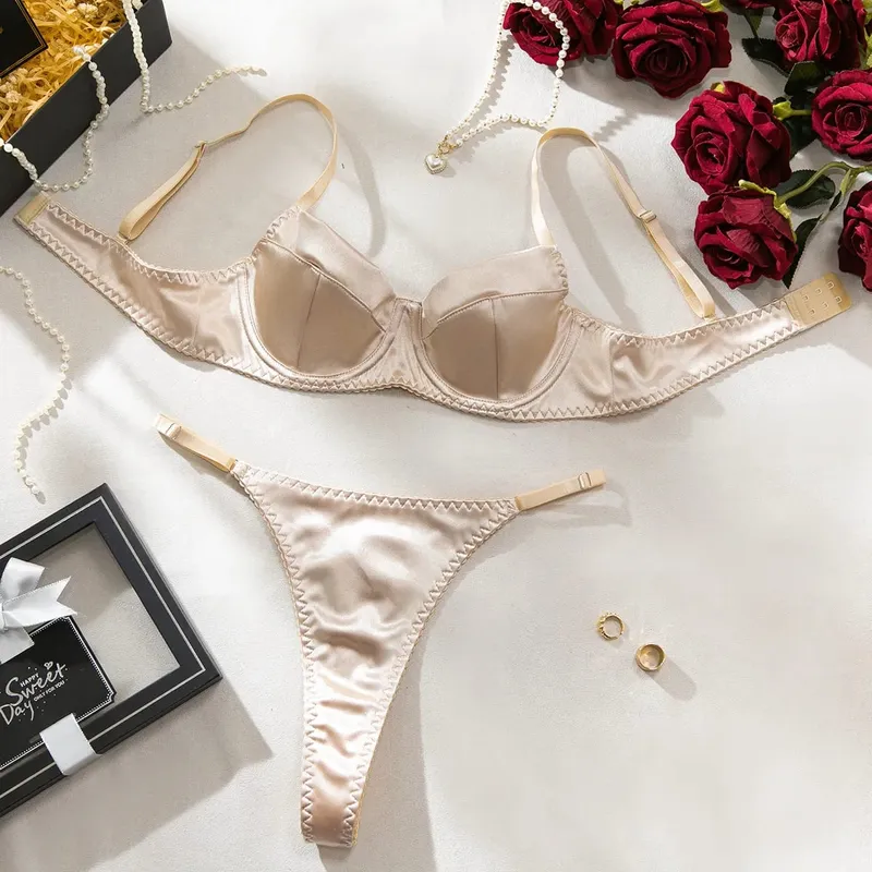 2 Pcs Sexy Bra Set Women Underwear Underwire Push Up Satin Patchwork Bras and Thongs Suits Attractive Bilizna Intimate Set — image 10