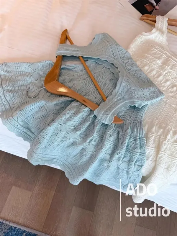 Korobov vestido linha a doce cor sólida com babados vestido colete de malha para mulheres verão estilo francês saia curta vazada — image 3