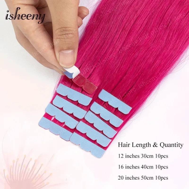 Isheeny 12' 16' 20' Tape In Hair Extensions Invisible Adhesive Tape In Hair Extension 10pcs/pack Pink Purple Blue Colorful Hair — image 3