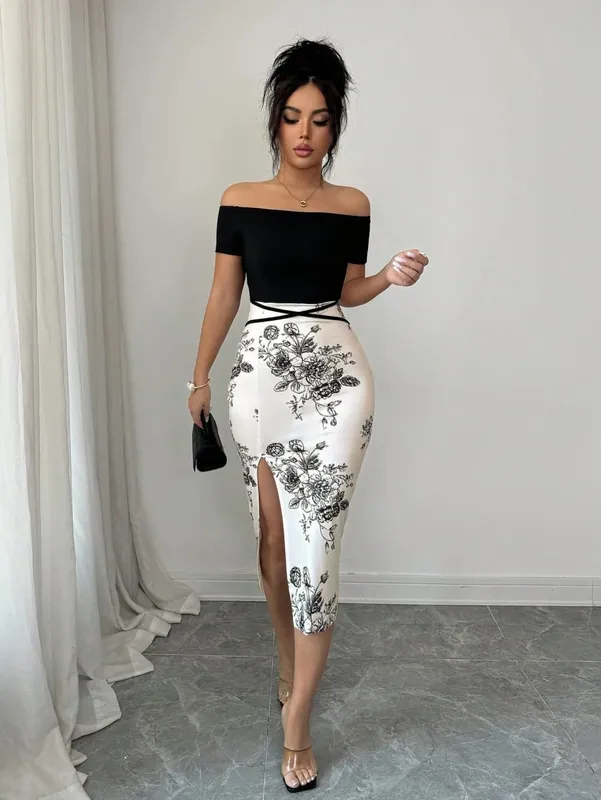 Ladies Spring Summer Shoulder Bared Black Top Spliced Water-Mark Print Split Sexy Elegant Dress Body-Con Silhouette
