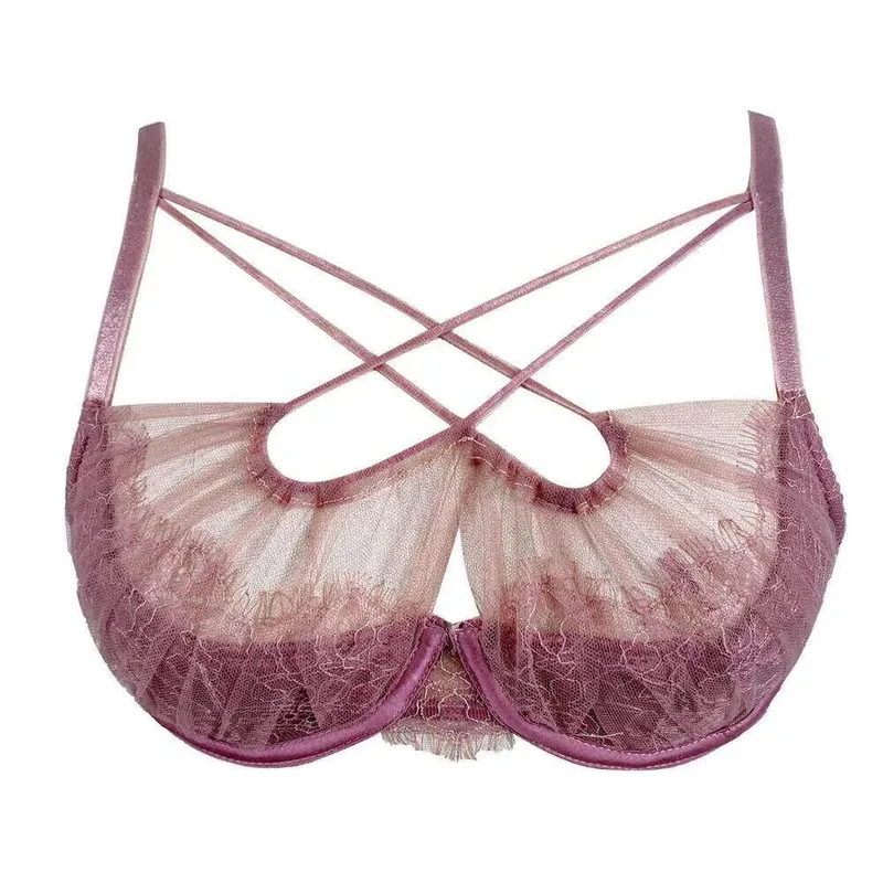 Fransk spetsbroderi Korsrem Underkläder Set Mesh Push Up BH Trosa Ihålig Sexig Kvinnor Intim Underkläder Kostym S-XL Festkläder — image 5