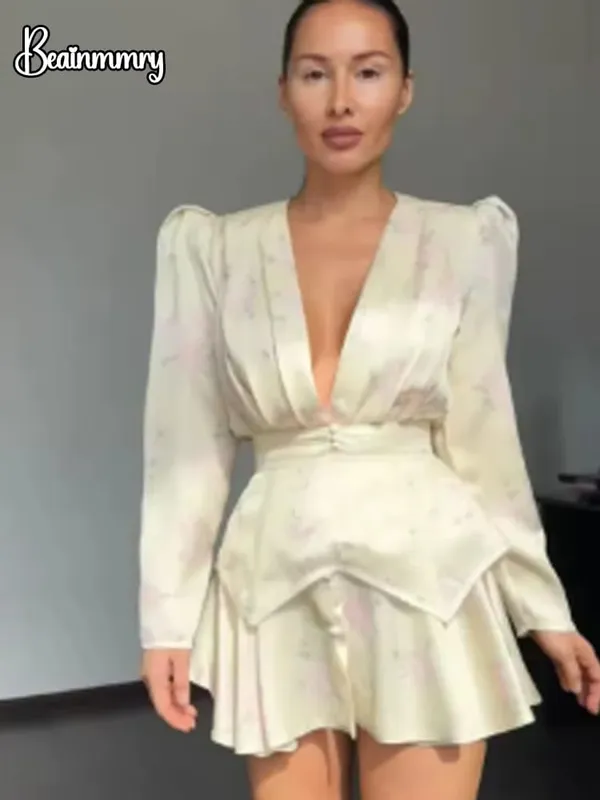 Women Stain Floral Printed V-neck Waist-cinched Pleated Mini Dress Deep V-neck Long Sleeve Button-front Dresses Lady Party Robe — image 7