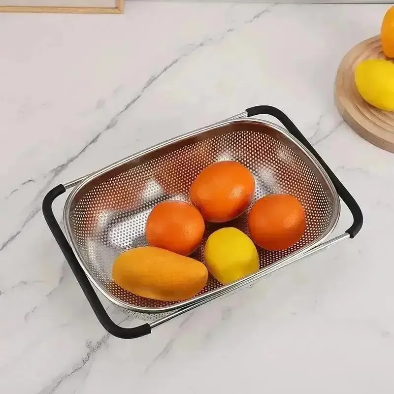 Retractable Drain Basket Rubber Grip Handles Oval Colander Sink Vegetables Draining Rack Home Storage Basket Stainless Steel — image 2