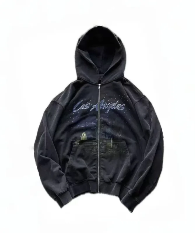 False Rhinestone Starry Sky Pattern Print Washed Zipper Loose Hoodie Street Casual Cotton Versatile Sports Trendy Sweatshirt