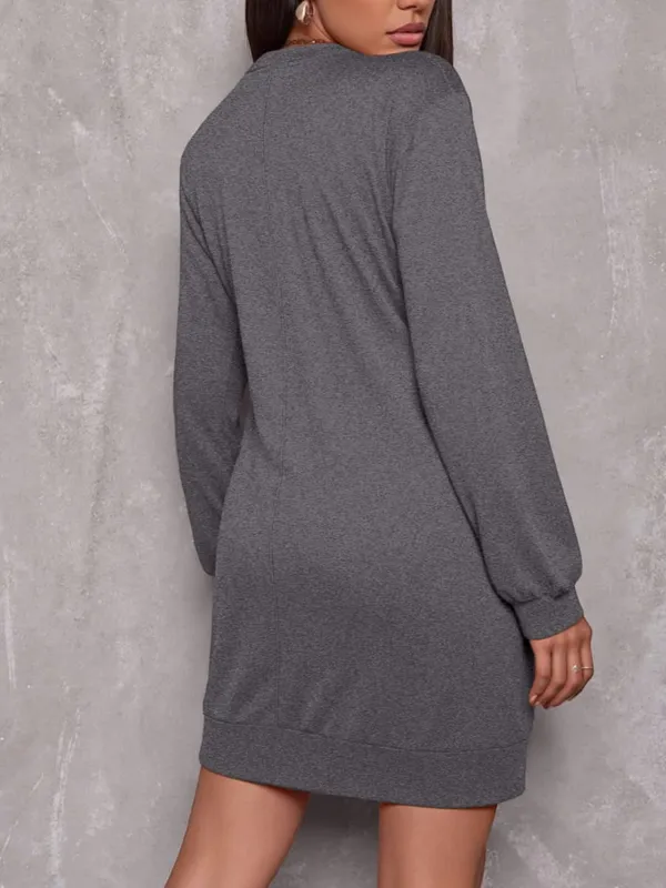 Fashion Women Long Sleeve Sweatshirt Dress Crew Neck Solid Color Loose Mini Dress With Pockets Street Style Ladies Short Dresses