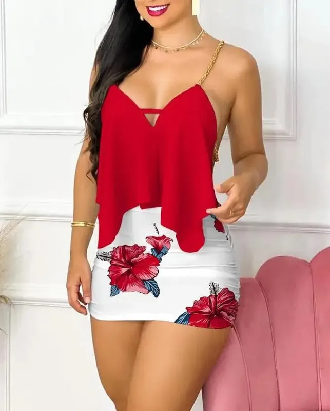 Vestidos femininos 2024 verão moda floral impressão assimétrica corrente cinta sexy sem costas com decote em v sem mangas bodycon mini vestido conjuntos