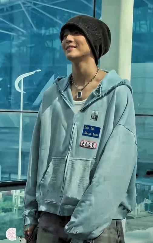 Light Blue PALY Letter Crystal Hoodie Ripped Washed Fashion Patch High Street Casual Men Women 1:1 Zipper Sweatshirts — image 24