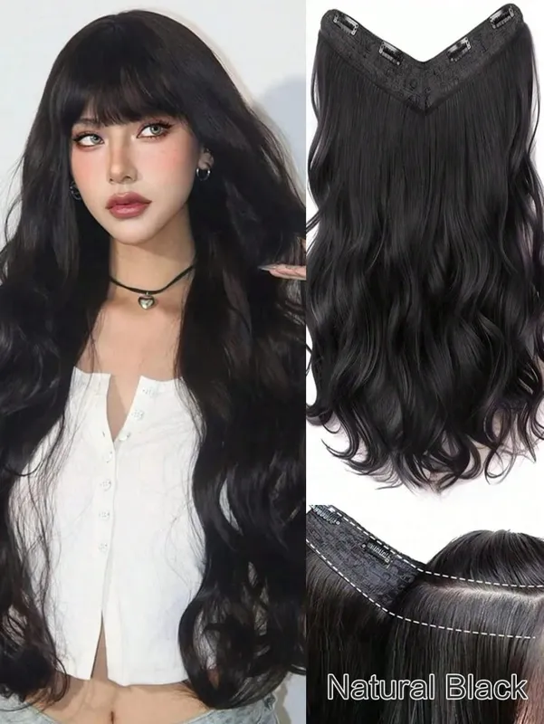 Synthetic Long Curly Wavy Clip in Hair Extension V-shaped Heat Resistant Black Hairpiece for Women