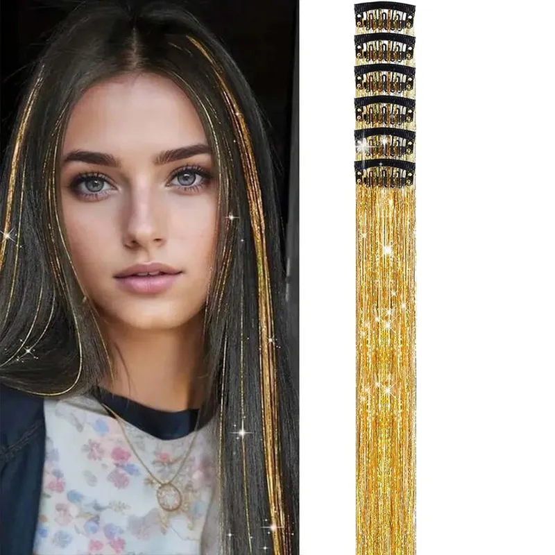 Hair Tinsel Pack of 6 Pcs Hair Tinsel Clip in Glitter Tinsel Hair Extensions Synthetic Hair Tinsel Kit Party Festival Fairy Hair