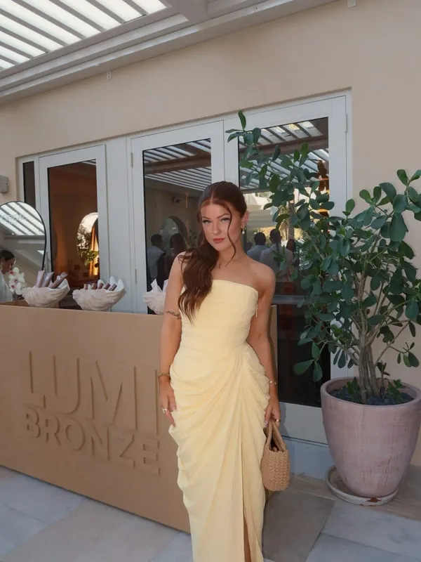 Mingmingxi Spring Summer Yellow Strapless Maxi Dress Ruched High Slit Evening Gown Bodycon Wedding Guest Party Dress Women — image 3