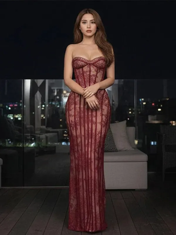 Mulheres sem alças tule espinha de peixe vestido sem costas fora do ombro impresso retalhos magro maxi vestidos 2026 senhora chique festa vestido de noite — image 6
