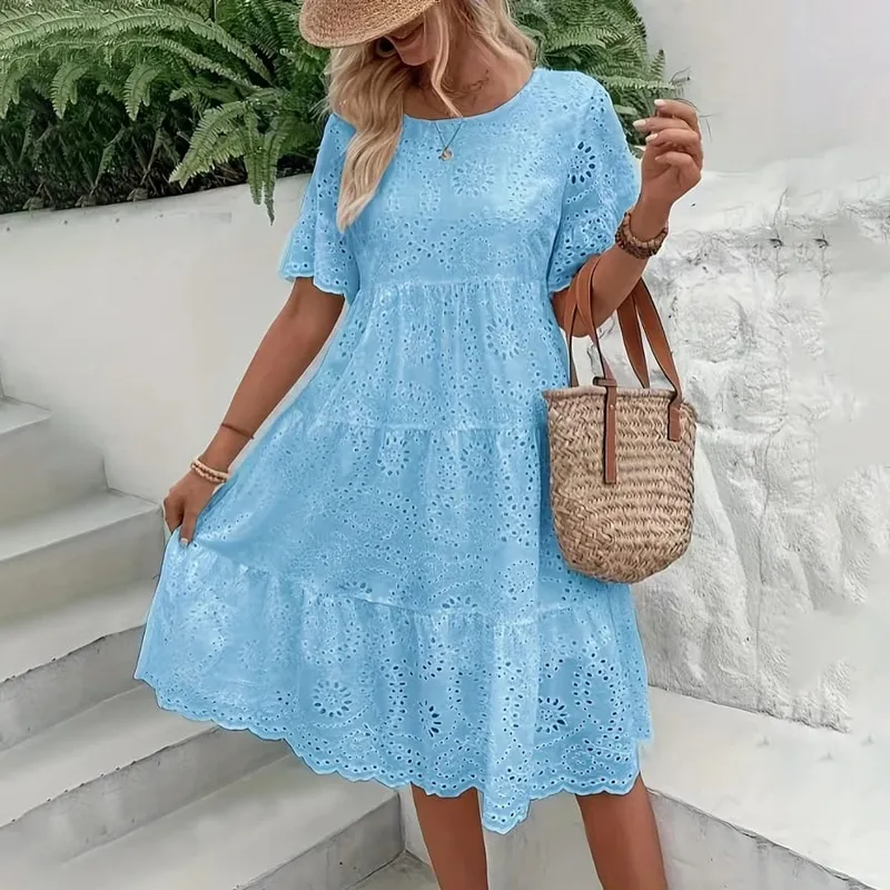 Pambabaeng White Eyelet Embroidery Midi Dress Hollow-out Boho Flowy Ruffle Tiered Dress Casual Short Sleeve Summer Beach Dresses — image 6