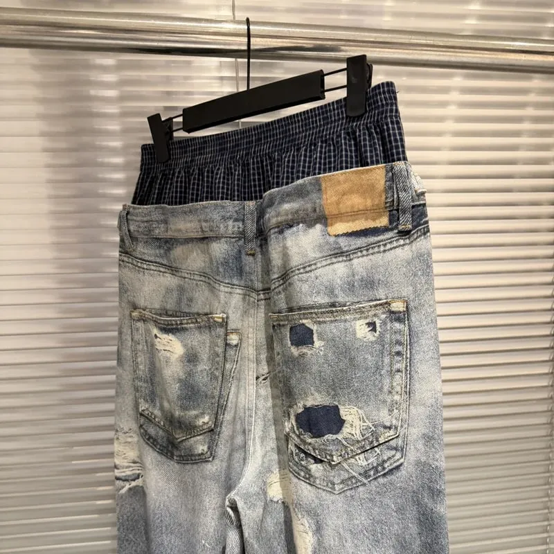 Trend Fashion Street Style Fake Two Piece Double Waist 3D Printed Digital Printed Ripped Baggy Protocol Index Jeans — image 3