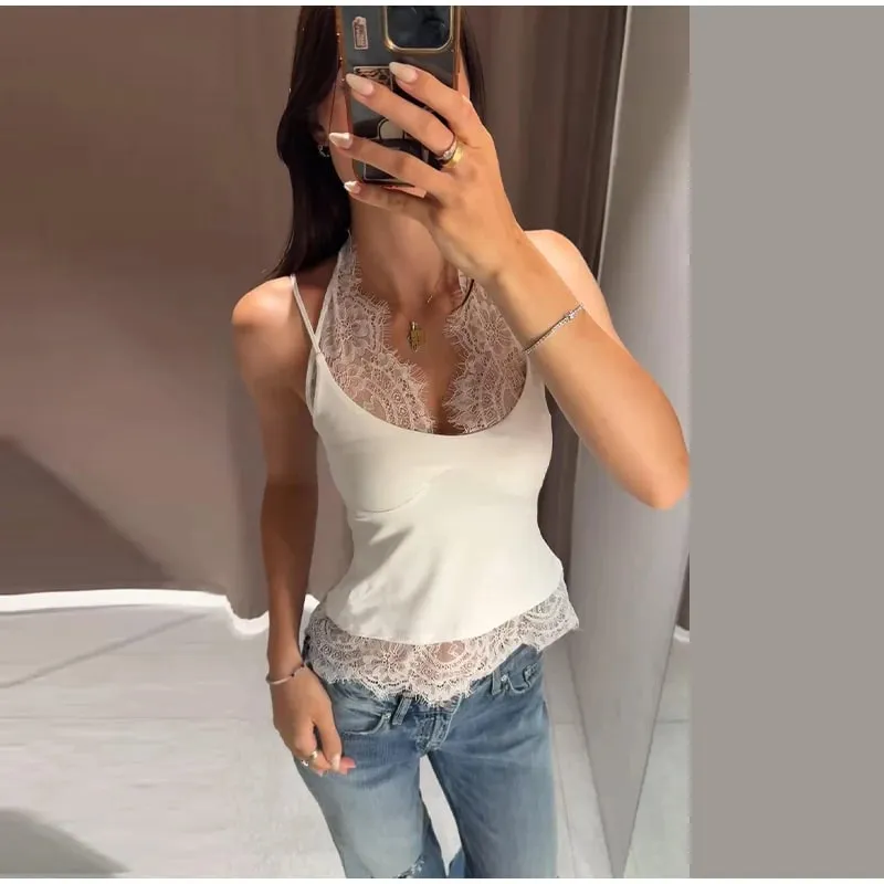 Lace Patchwork V-Neck Spaghetti Strap Sheer Mesh Bodysuit Fitted 2026 Summer Women Mesh Top Delicate Elegant Lady Bodysuit — image 12