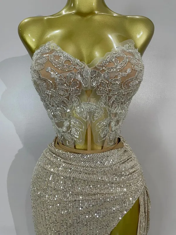 Brilhante lantejoulas miçangas sexy sem alças duas peças conjunto feminino noite celebrar boate festa de luxo vestido de aniversário traje de palco — image 5
