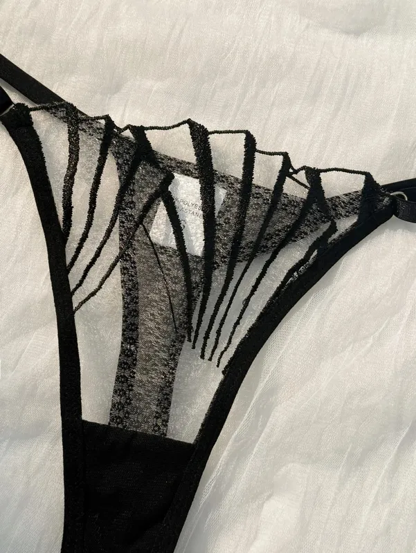 Women Black Geometric Embroidery Lingerie Set Ruffle Trim Underwire Bra Thong Sheer Mesh Stylish Intimate Underwear ZA824058