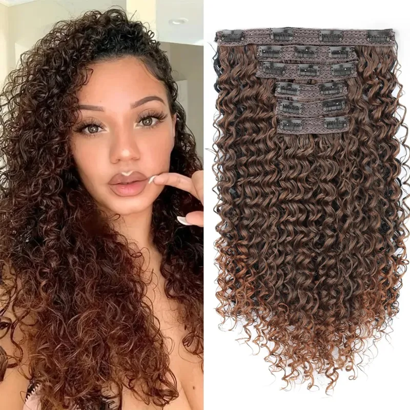 Synthetic 26Inch Kinky Curly 16 Clip In Hair Extensions Black Brown Full Head Fake Pieces Kinky Curly Hair Extensions — image 7