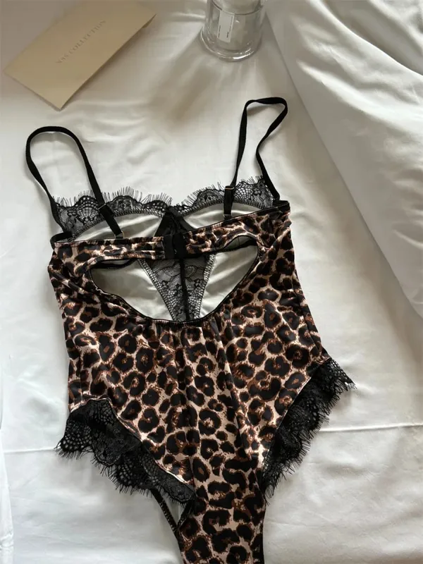 Sexy Leopard Print Halter Bodysuit for Women Thin Stretch Lace Lingerie One-Piece with Hanging Neck — image 4