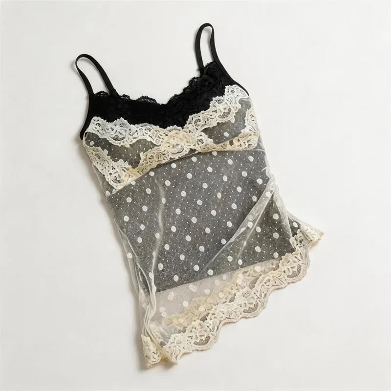 Women's Polka Dot Lace Spaghetti Strap Camisole with Pad Bust Adjustable Straps Side Lace Sexy Summer Daily Top A33079 — image 10