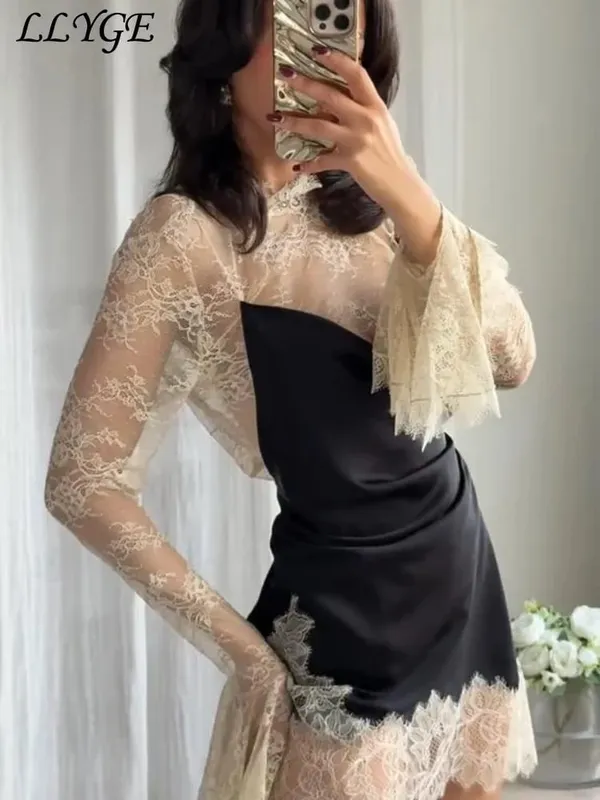 Elegante renda retalhos vestido curto feminino ver através de gola alta manga alargamento vestidos de festa 2025 outono senhora roupões de noite — image 2