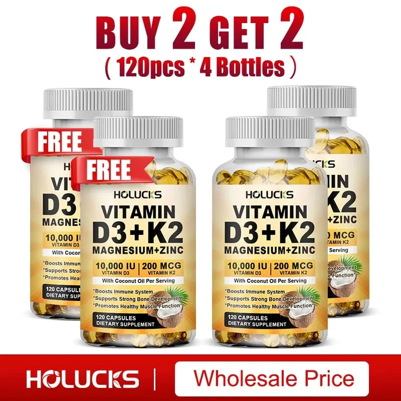 Vitamin D3 K2 Capsule with Coconut Oil Promotes Strong Bones for Teeth Heart Cardiovascular Health Magnesium+Zinc Supplement