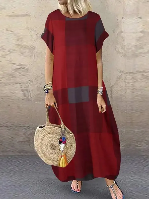 Boêmio xadrez verificado vestido de verão manga curta vestido longo moda férias festa femme casual solto robe 2025 — image 7