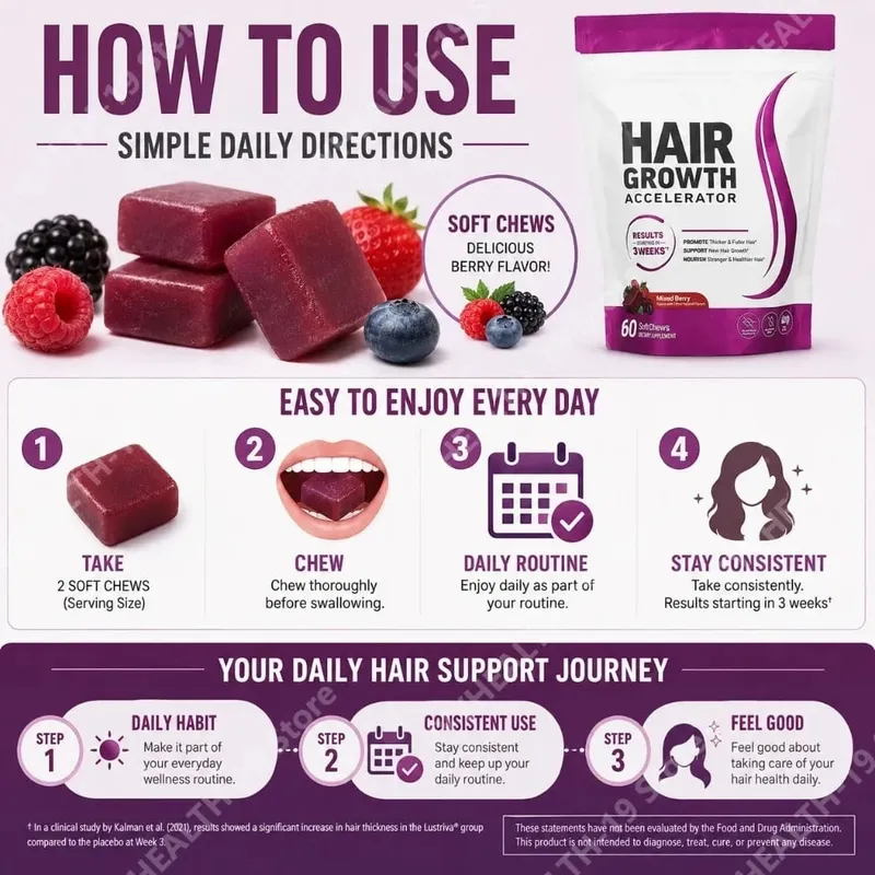 Hair Growth Soft Chews – Vitamin C & E Supplement for Thicker Fuller & Healthier-Looking Hair – Berry Flavor – 60 Soft Chews — image 5