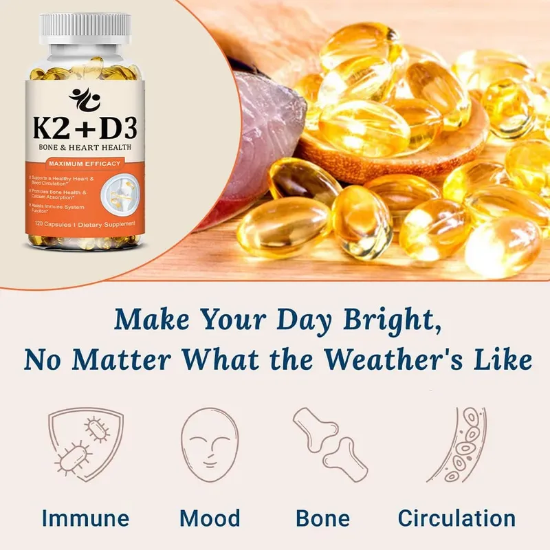 Cápsulas de vitamina D3 + K2 apoiam a absorção de cálcio, bem-estar ósseo e articular, função cardiovascular e saúde do sistema imunológico — image 3