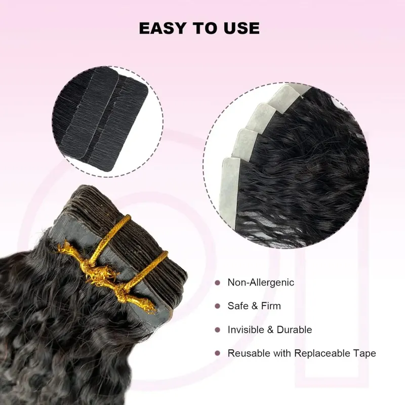 24 26 Inch Kinky Straight Tape In Extensions Brazilian 100% Human Hair 50G/20Pcs Natural Black Seamless Full Head Yaki Tape ins — image 4
