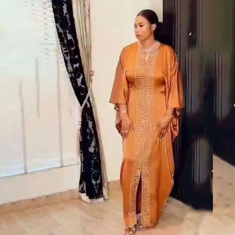Mode afrikansk kvinna stor storlek fladdermössärmad klänning muslimsk islamisk stil Robe imitation siden Hot Fix Strass — image 10