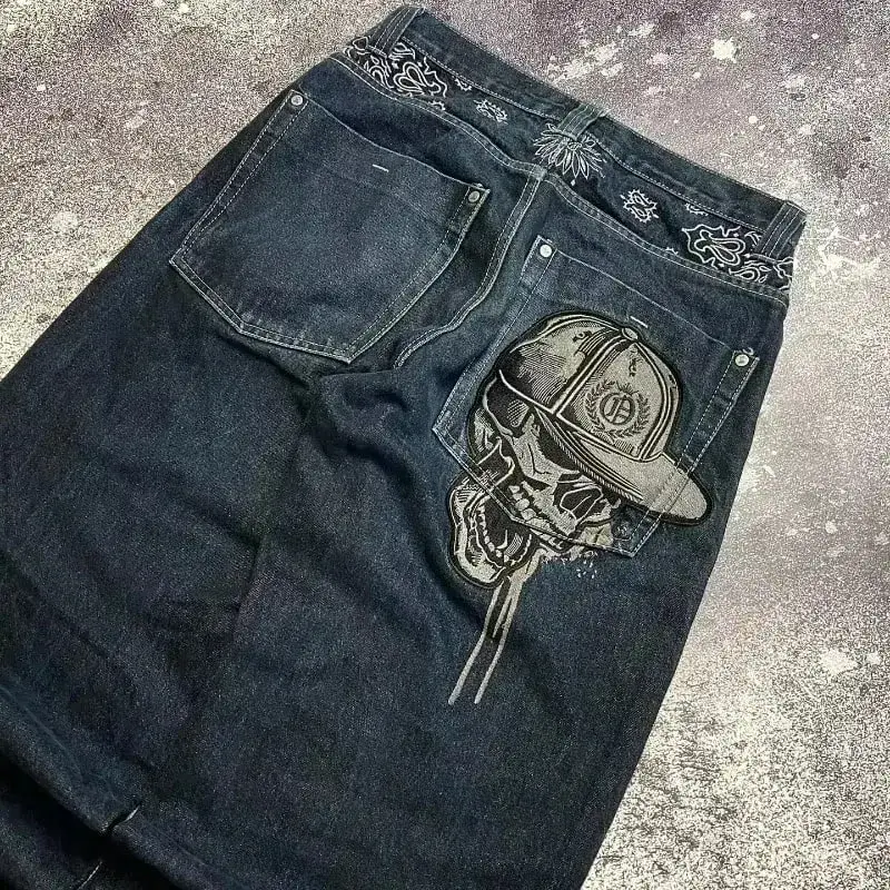 American Y2K Hip Hop Fashion Trend Skull Embroidery Spot Jeans Men Street Loose Straight Wide-leg Pants Couple Oversized Jeans — image 6