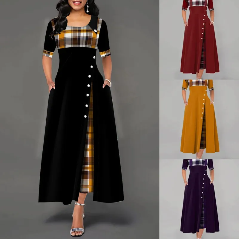 Pambabaeng Irregular Lattice Patchwork Long Dresses Vintage Buttons O Neck Half Sleeves Casual Lady Commuting Dress Fashion — image 7