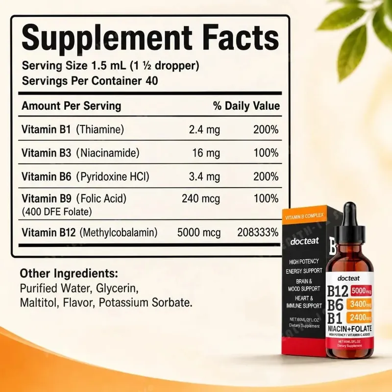 Docteat B Complex Drops 60ml High Potency B12 5000mcg Methylcobalamin Energy Brain Mood Heart Immune Support Non GMO Vegan — image 2