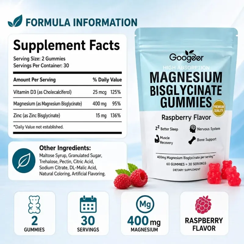 Magnesium Bisglycinate Gummies Raspberry Flavor 400mg Magnesium Vitamin D3 Zinc High Absorption 60 Count Daily Supplement — image 3
