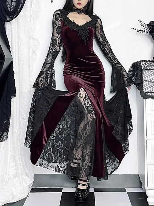 Altgoth estético gótico midi vestido feminino vintage elagnt rendas retalhos ver através da manga alargamento cintura alta clubwear vestido femme — image 7