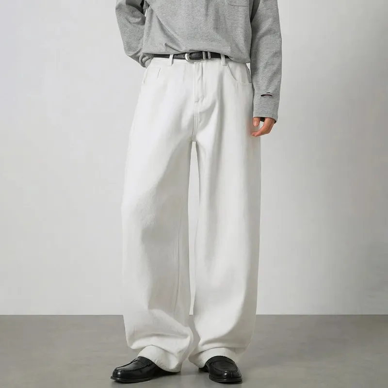 100% Cotton White Jeans Classic Embroidered Straight Loose Korean Retro High Street Y2K Casual Wide Leg Pants for Men and Women