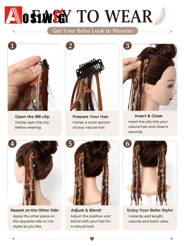 Synthetic Boho Braided Hair Extensions for Women Clip In Festival Hairpiece with Beads Feathers Hippie Hair Accessories