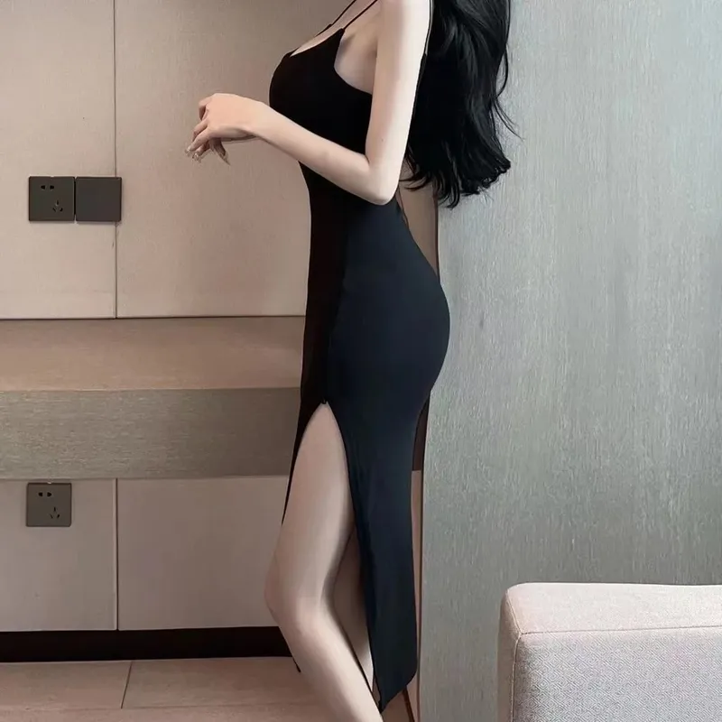 セクシーなキャミソール Y2K ミッドドレス女性の夏のヴィンテージ Y2K 背中の開いた分割 Kpop ドレス女性のイブニングパーティーネイビーブラックオフショルダー布 — image 3