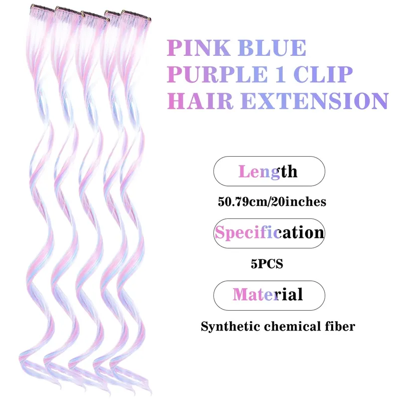 Synthetic 5Pcs Clip In Hair Extensions Colorful Ombre Curly Wig Rainbow Highlight Hair Clip On Hairpieces For Women Girls — image 3