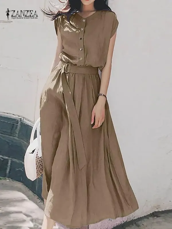 2025 ZANZEA Dammode Kortärmad Klänning Sommar Elegant Fest Vestidos Casual Mid-calf Soldress Femme Vintage OL Robe Kaftan — image 2