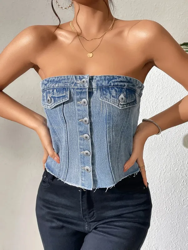 Denim Strapless Top Women Sleeveless Crop Tops Sexy Backless Single Breasted Washed Distressed Streetwear Y2k Camis Tanks Summer — image 12
