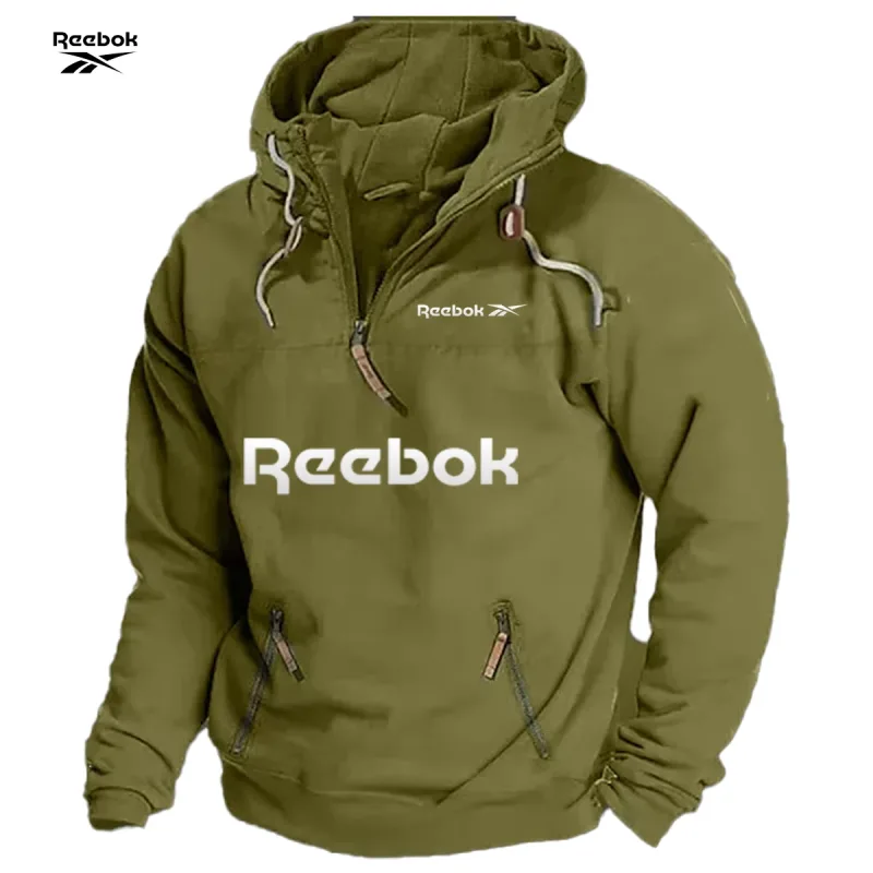 Reebok Men's Spring/Autumn Hooded Sweatshirt, Retro Sports Style, Loose Casual Top, Solid Color with Multiple Zippers Design — image 7