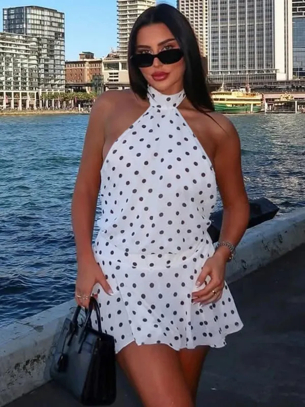 Hugcitar polka dot print halter sem mangas sem costas bandagem sexy magro mini vestido de verão moda feminina roupa festa férias — image 4
